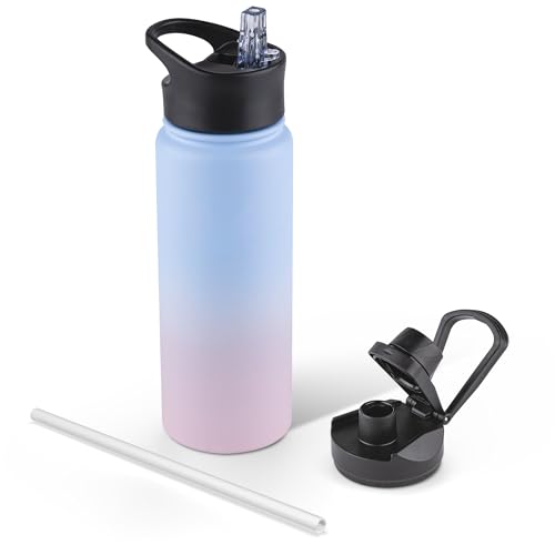 24 oz Insulated Water Bottle with Straw Lid & Wide Mouth Lids