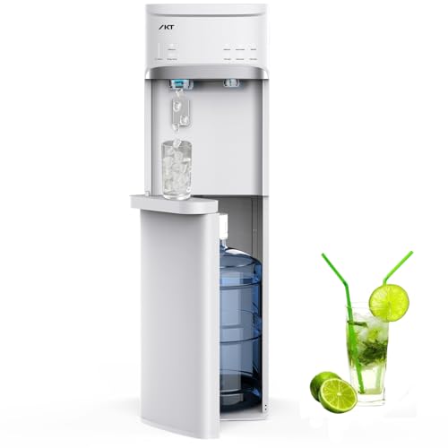 Self Clean 4 in 1 Water Cooler Dispenser with Ice Maker for 5 Gallon Bottle Bottom Loading 22lbs Daily Capacity Empty Bottle Light Ice Full Alert White