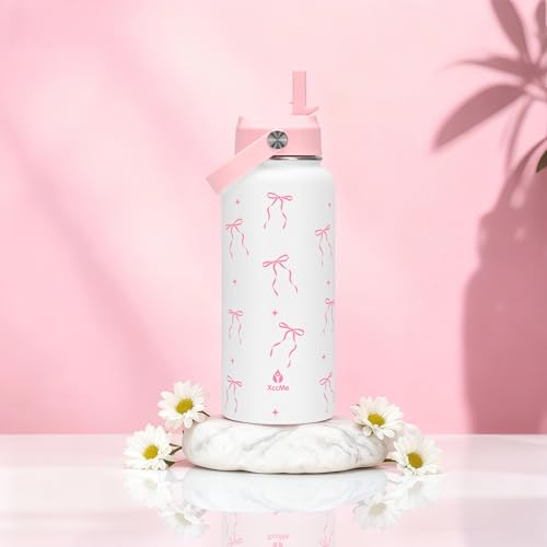 32oz Pink Bow Gift Insulated Water Bottle for Women with Straw