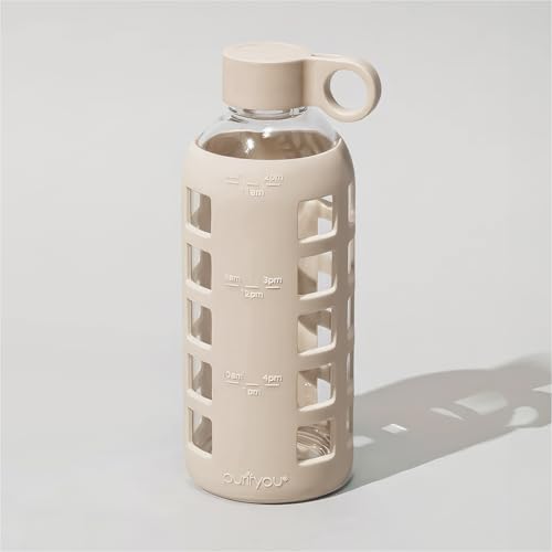 40oz / 32oz / 22oz / 12oz Borosilicate Glass Water Bottle with Time & Volume Markers, Silicone Sleeve, Stainless Steel Lid | Reusable Glass Bottle for Water & Juice (22oz Pearled Ivory)