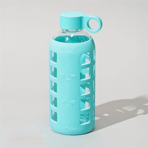40oz / 32oz / 22oz / 12oz Borosilicate Glass Water Bottle with Time & Volume Markers, Silicone Sleeve, Stainless Steel Lid | Reusable Glass Bottle for Water & Juice (22oz Aqua Blue)