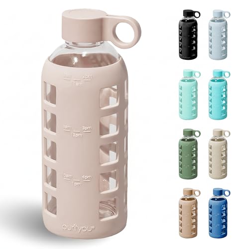 40oz / 32oz / 22oz / 12oz Borosilicate Glass Water Bottle with Time & Volume Markers, Silicone Sleeve, Stainless Steel Lid | Reusable Glass Bottle for Water & Juice (22oz Hazelnut)