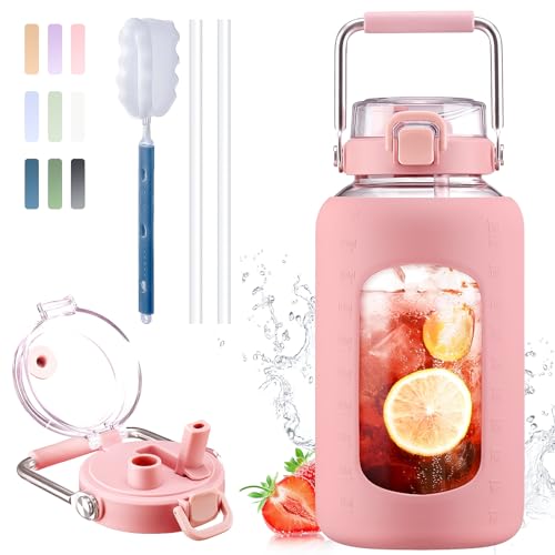 84oz Water Bottle Glass with Stainless Steel Handle Large 2.5l Water Bottle with Time Markers and Silicone Sleeve Half Gallon Water Jug BPA Free for Gym Daily Use