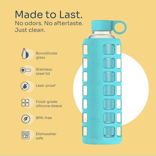 40oz / 32oz / 22oz / 12oz Borosilicate Glass Water Bottle with Time & Volume Markers, Silicone Sleeve, Stainless Steel Lid | Reusable Glass Bottle for Water & Juice (32oz Aqua Blue)