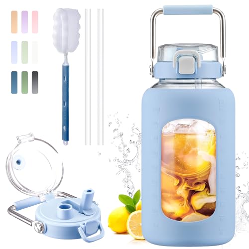 84oz Water Bottle Glass with Stainless Steel Handle Large 2.5l Water Bottle with Time Markers and Silicone Sleeve Half Gallon Water Jug BPA Free for Gym Daily Use