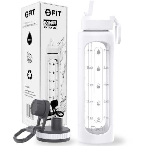 Glass Water Bottle 32 oz with Straw Lid & Time Marker