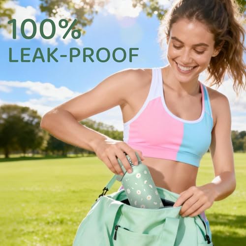 32oz Green Daisy Insulated Water Bottle for Women with Straw