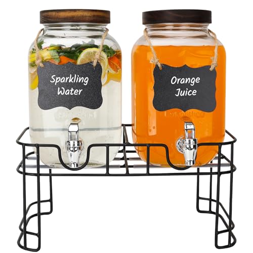 2 Pack 1 Gallon Glass Drink Dispensers with Wood Lid