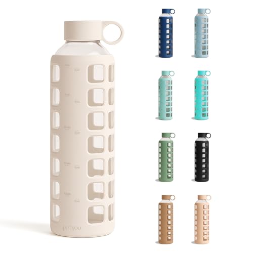 40oz / 32oz / 22oz / 12oz Borosilicate Glass Water Bottle with Time & Volume Markers, Silicone Sleeve, Stainless Steel Lid | Reusable Glass Bottle for Water & Juice (32oz Pearled Ivory)