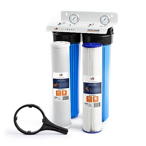 2 Stage Whole House Water Filter System with 20x4.5 Filters Against Sediment & Chlorine with Pressure Gauge & Release