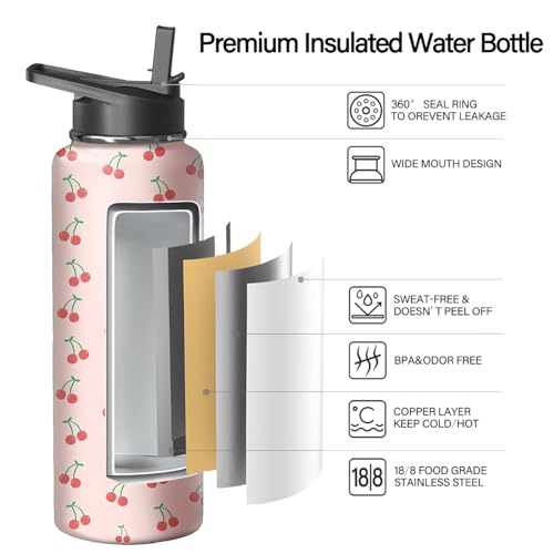 40oz Cherry Water Bottle with Handle and Flip Straw