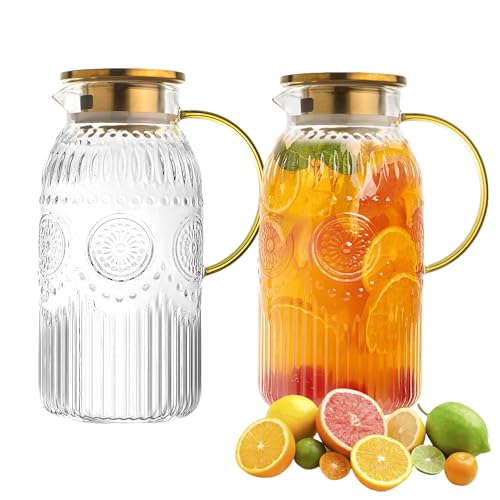 Glass Pitcher with Lid 68oz 2L Vintage Water Carafe Beverage 2Pack (2 Count)