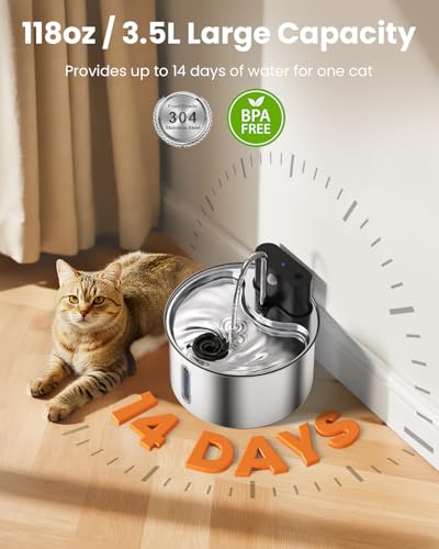 Cat Water Fountain Wireless Stainless Steel with Sensor 3.5L