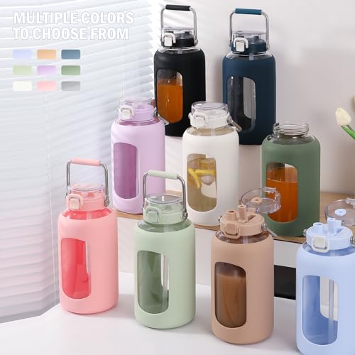 84oz Water Bottle Glass with Stainless Steel Handle Large 2.5l Water Bottle with Time Markers and Silicone Sleeve Half Gallon Water Jug BPA Free for Gym Daily Use