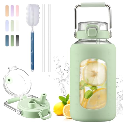 84oz Water Bottle Glass with Stainless Steel Handle Large 2.5l Water Bottle with Time Markers and Silicone Sleeve Half Gallon Water Jug BPA Free for Gym Daily Use