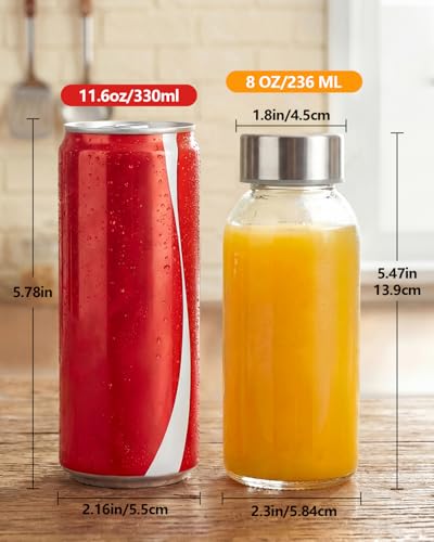 8 oz Small Glass Juice Bottles with Stainless Steel Lids Leak Proof (12 Count)