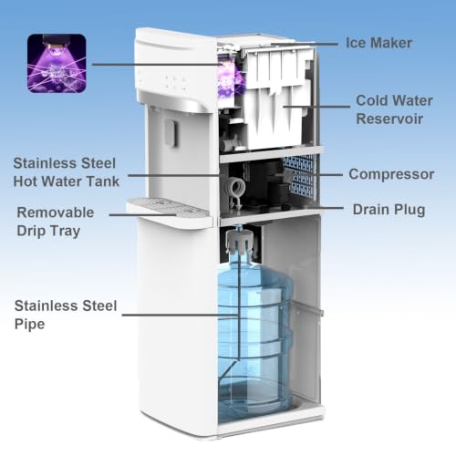 Self Clean 4 in 1 Water Cooler Dispenser with Ice Maker for 5 Gallon Bottle Bottom Loading 22lbs Daily Capacity Empty Bottle Light Ice Full Alert White