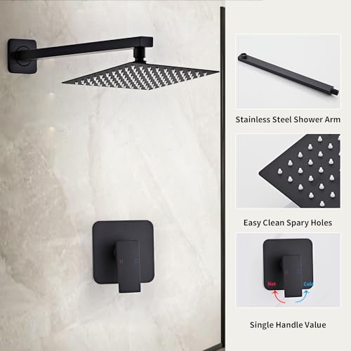 Shower Faucet Set Matte Black Bathroom Rainfall Shower System Wall Mount with 8 Inch Square Shower Head