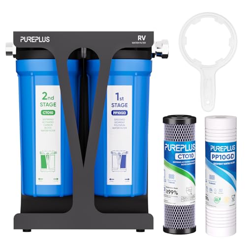 RV Dual Stage Water Filter System with Grooved Sediment and Carbon Cartridges