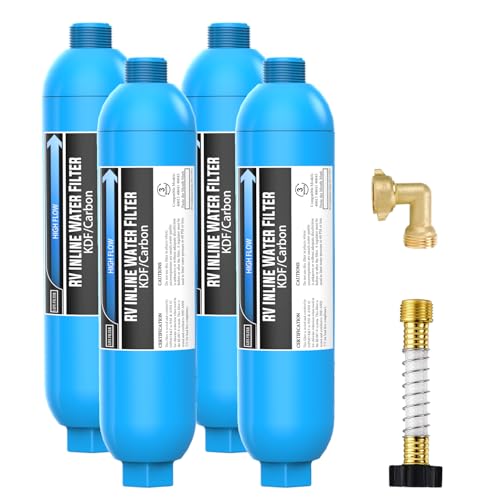 RV Water Filter with 90 Degree Elbow and Flexible Hose Protector (4 Count)