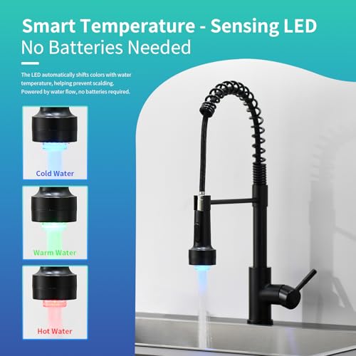 Black Kitchen Faucet with Pull Down Sprayer Single Hole Stainless Steel LED Faucet