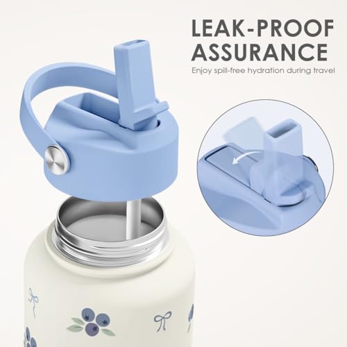 Blueberry Water Bottle Stainless Steel 32oz with Lid & Straw
