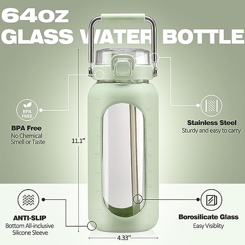 64oz Water Bottle Glass with Stainless Steel Handle Large Water Bottle with Time Markers and Silicone Sleeve Half Gallon Water Jug BPA Free for Gym Daily Use