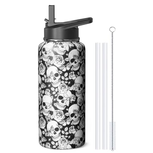 32oz Skull Water Bottle with Handle and Flip Straw