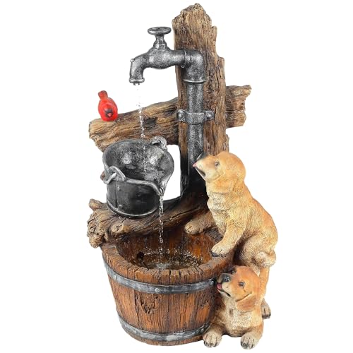 LuxenHome 25" Rustic Barrel Puppy Resin Water Fountain Outdoor with Lights