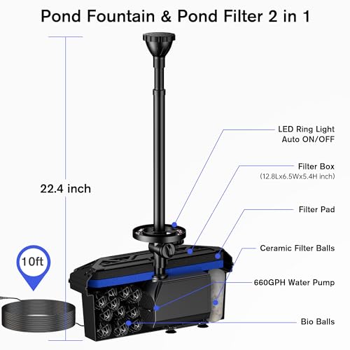 Pond Filter Fountain Kits 660GPH for Ponds Up to 2000 Gallons