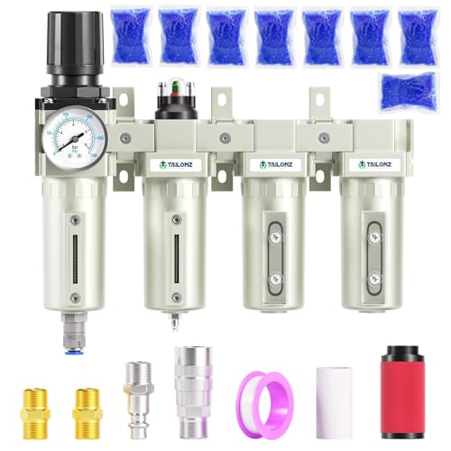 0-240 PSI 1/2 Inch NPT Industrial Grade 4-Stage Air Drying System, Particulate Filter, Dual Desiccant Dryer, 5 Micron & 0.01 Micron Filtration (Auto Drain)
