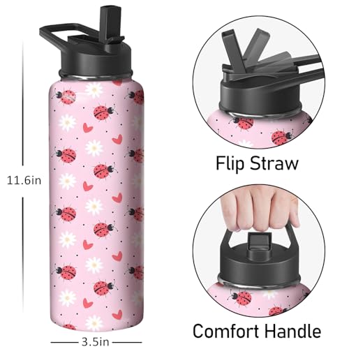 40oz Ladybug Water Bottle with Handle and Flip Straw