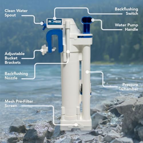 Outdoor Water Filtration System. Bucket Pump Purifier Produces Clean Water for Backpacking