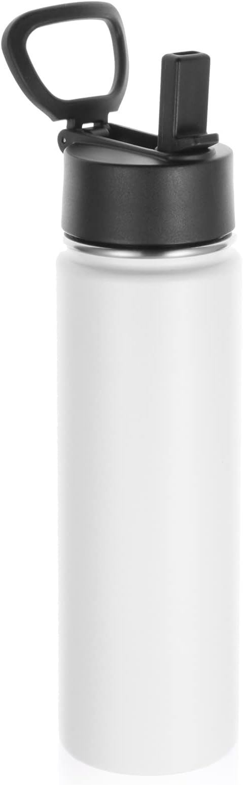 Volhoply 22 oz Insulated Water Bottles with Straw Lid, Not Suitable for Sublimation, Stainless Steel Sports Bottle with Handle, Double Walled Vacuum Metal Water Cups with Wide Mouth(White,1 Set)