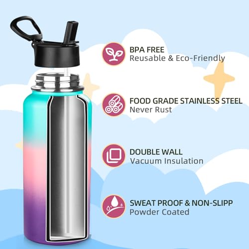 32oz Metal Sports Insulated Water Bottle with Straw Lid
