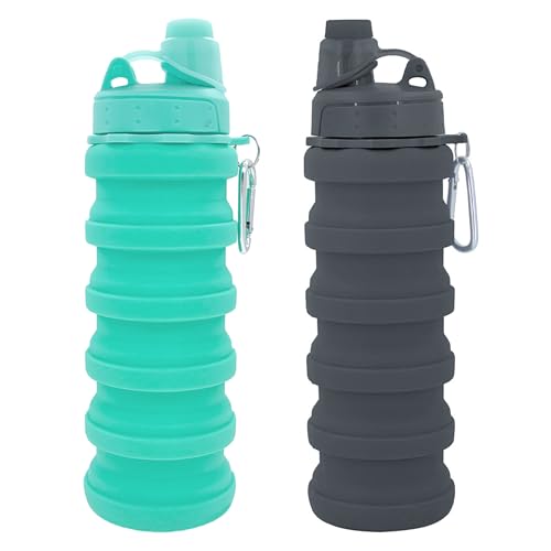 Collapsible Water Bottles Two Pack Travel Sports Portable Sport Water Bottle comes with mountaineering Buckle 504ml silicone Water (2 Count)