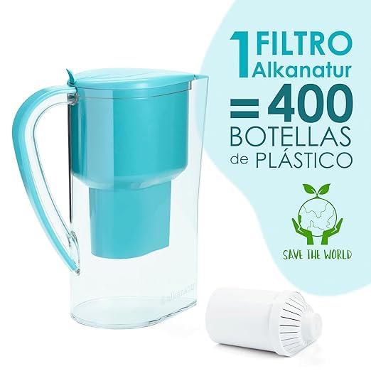 Alkanatur Drops Low Emission Water Filter Pitcher - Hydrogenates + Ionizes + Provides Magnesium Removes Chlorine, Metals, Fluorides, Microplastics, and More - Certifeid UNE 149101:2015