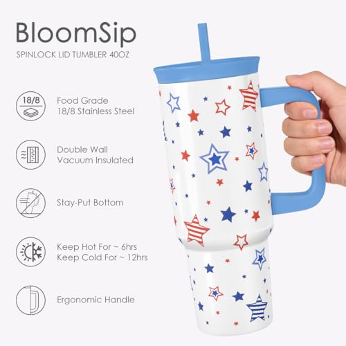 American Flag Stainless Steel Locking Lid Silicone Straw Tumbler with Handle 40oz