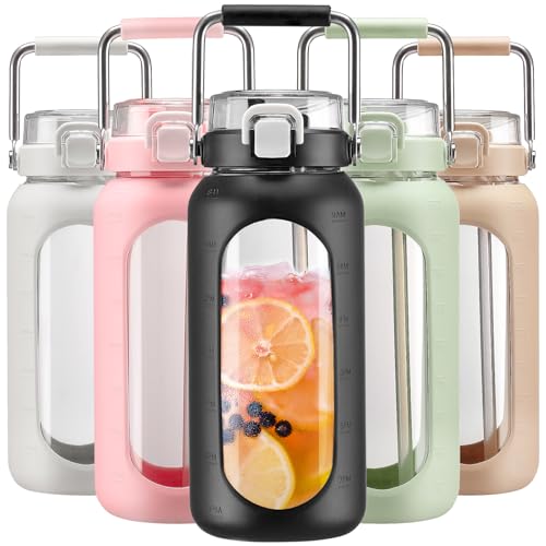 64oz Water Bottle Glass with Stainless Steel Handle Large Water Bottle with Time Markers and Silicone Sleeve Half Gallon Water Jug BPA Free for Gym Daily Use