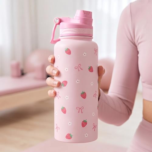 Strawberry Stainless Steel Water Bottle with Strap 32oz