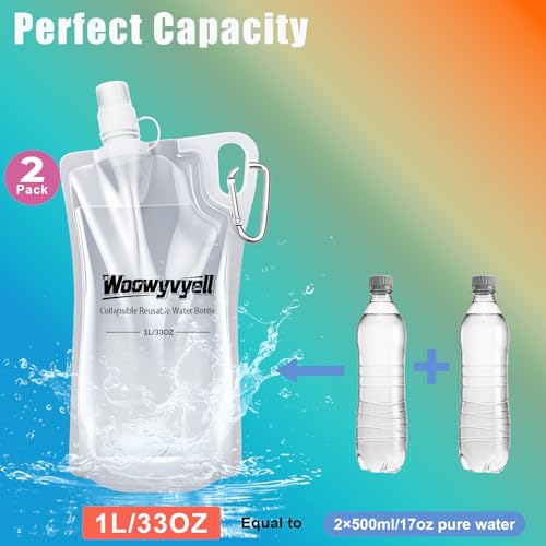 2-Pack 33oz (1L) Collapsible Water Bottles with Mountaineering Buckle, BPA-Free Foldable Travel Bottle for Camping Hiking Running Cycling Mountaineering - Compatible With All 28mm Thread Water Filter (2 Count)