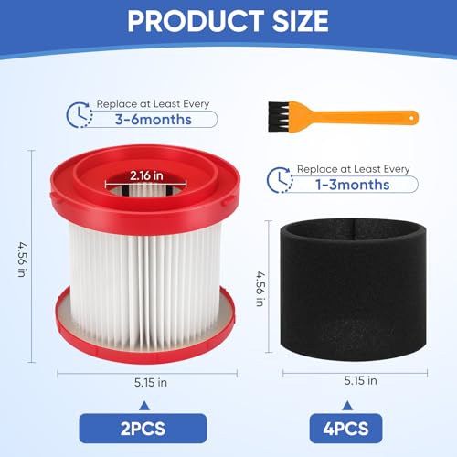 2 Pack 49-90-1900 Wet Dry Vacuum Filter Compatible With Cordless M18 Vacuum 0780-20 0880-20, with 4 Foam Sleeve Filters & 1 Brush (2 Count)