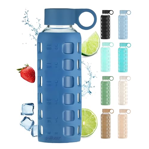 40oz / 32oz / 22oz / 12oz Borosilicate Glass Water Bottle with Time & Volume Markers, Silicone Sleeve, Stainless Steel Lid | Reusable Glass Bottle for Water & Juice (12oz Chinese Porcelain)