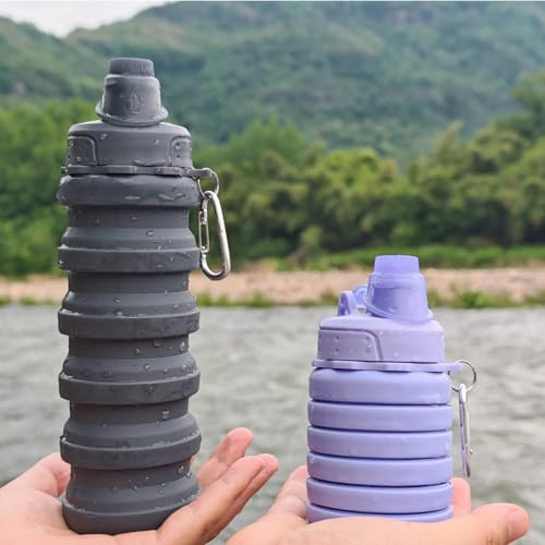 Collapsible Water Bottles Two Pack Travel Sports Portable Sport Water Bottle comes with mountaineering Buckle 500ml silicone Water (2 Count)