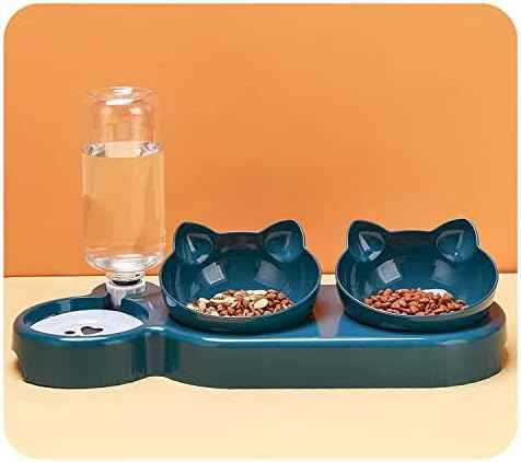 Triple Cat Bowls for Food and Water, Plastic Raised Cat Dishes, Automatic Water Bottle 3 in 1 Pet Bowls 2 Food Bowls and Water Feeder Set Wet Dry Food Bowl Set for Cats Puppy Small Dogs (Navy Blue)