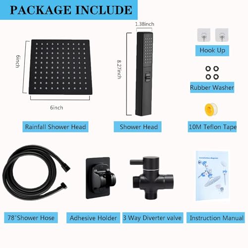 6'' Square High Pressure Rain Black Shower Heads with Handheld Spray Combo. Equipped with 78" Leakproof Hose