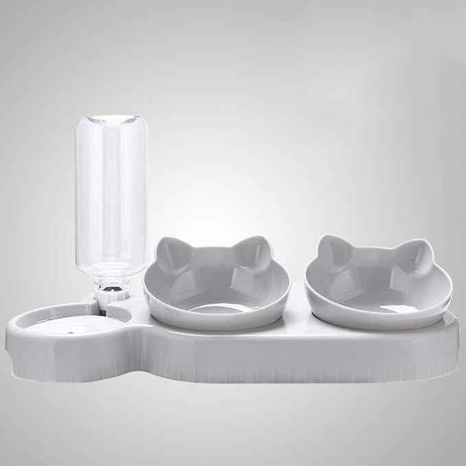 Triple Cat Bowls for Food and Water, Plastic Raised Cat Dishes, Automatic Water Bottle 3 in 1 Pet Bowls 2 Food Bowls and Water Feeder Set Wet Dry Food Bowl Set for Cats Puppy Small Dogs (Grey)
