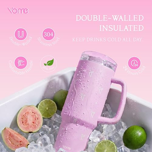 DetaClean 40oz Elegant Bow Pink Tumbler with Handle and Flip Straw for Women