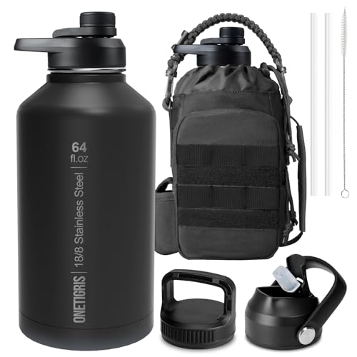 64oz Tactical Insulated Water Bottle with 3 Lids & MOLLE Pouch