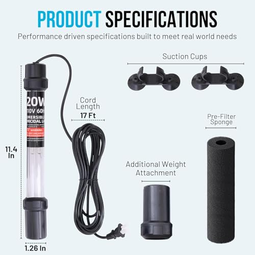 20W UV Water Clarifier with 17ft Cable for 100